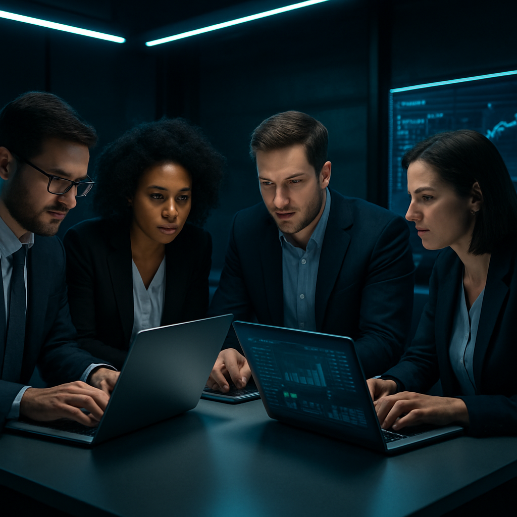 Team implementing an ERP system on laptops